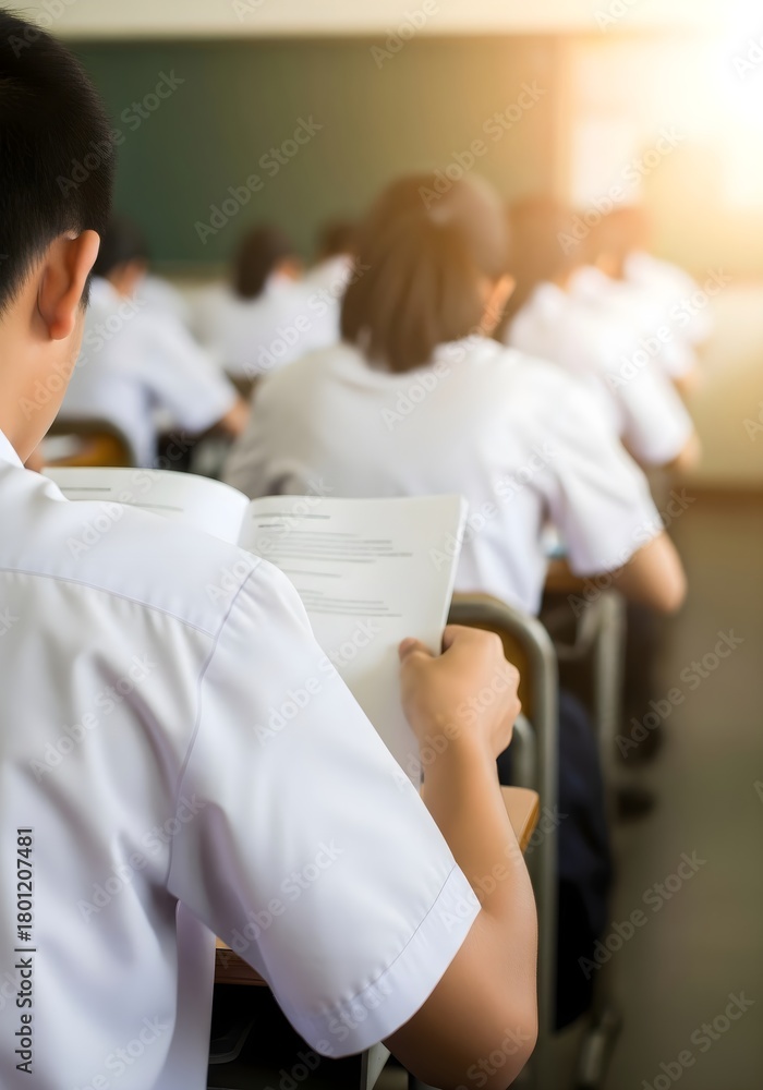 Obraz premium Close-Up Back View of Student Taking an Exam in a Sunlit Classroom