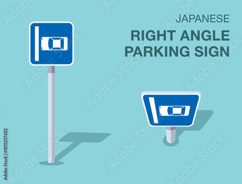 Traffic regulation rules. Isolated japanese "right angle parking" road sign. Front and top view. Flat vector illustration template.