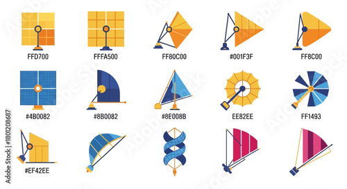 Flat vector geometric shapes and icons representing solar energy and renewable energy innovation