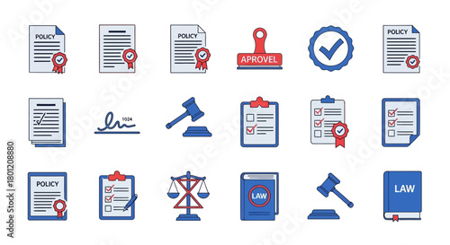 Legal Documents and Law Icons Representing Policies and Court Processes in Light Style