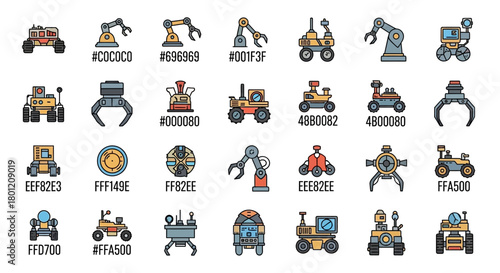 Collection of Robot and Rover Icons with Color Codes for Science and Technology Use