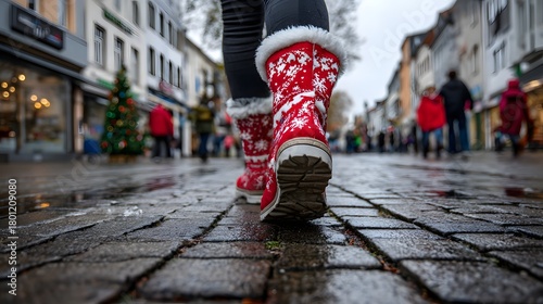 Rote Winterstiefel mit Muster beim Spaziergang über nasse Einkaufsstraße
