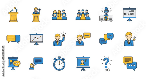 Collection of colorful business presentation and communication icons depicting various aspects of