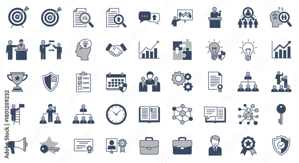 Fototapeta premium Collection of business icons illustrating various aspects of company management strategy and success