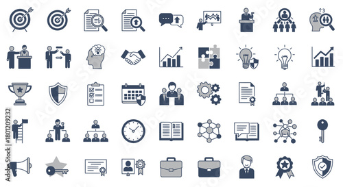 Collection of business icons illustrating various aspects of company management strategy and success