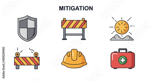 Conceptual Mitigation Icons Representing Safety Measures and Disaster Prevention Strategies