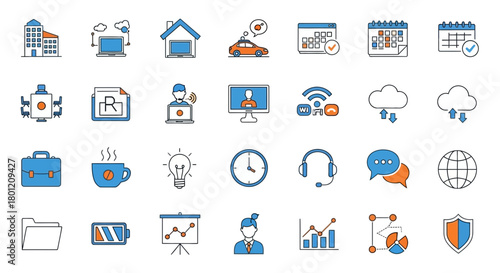 Collection of business, technology and lifestyle icons representing modern digital world