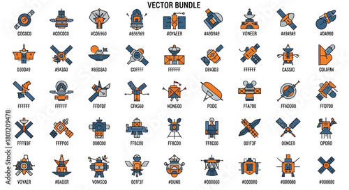 A diverse collection of satellite icon designs showcasing various concepts and styles