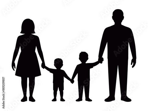 Simple family silhouette of parents holding hands with two children, representing unity, care and community support, perfect for family services icons, childcare visuals and modern minimal vector 