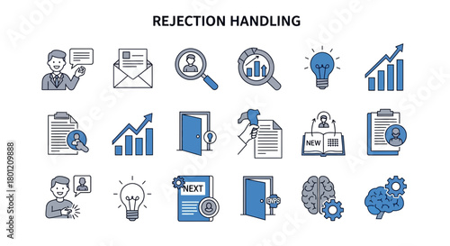 Rejection handling icons illustration, demonstrating effective response strategies for business