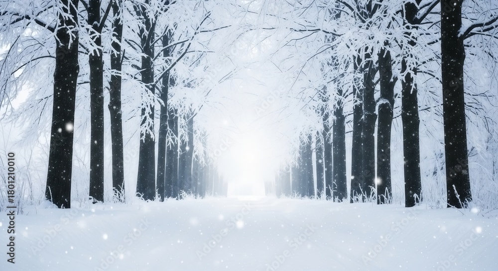 Fototapeta premium Magical Winter Forest Path Lined with Snow-Covered Trees Leading to a Bright Light Source