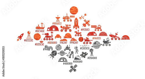 Exploration of Space and Colonization with Mars Rover and Station Icons Set minimal style