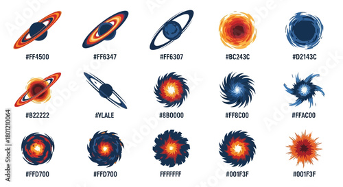 Diverse vector illustrations showcasing galaxy and planetary designs with hexadecimal color codes