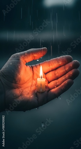 A close-up of a hand holding a small lit candle during a rainy day, creating a peaceful and reflective atmosphere with raindrops falling around
