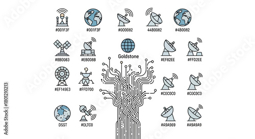 Communications Network Illustration featuring Satellites, Circuitry, and Color Palette Elements