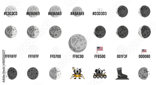Lunar phases and moon landing equipment represented with hexadecimal color codes