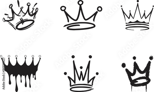 Set of six hand-drawn graffiti crown vector icons for street art and hip-hop design.