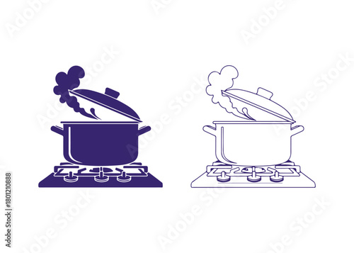 A pot is resting on a burner with its lid slightly open. Steam is billowing out from the pot. Two variations of the image are shown, one in solid color and the other in outline form.