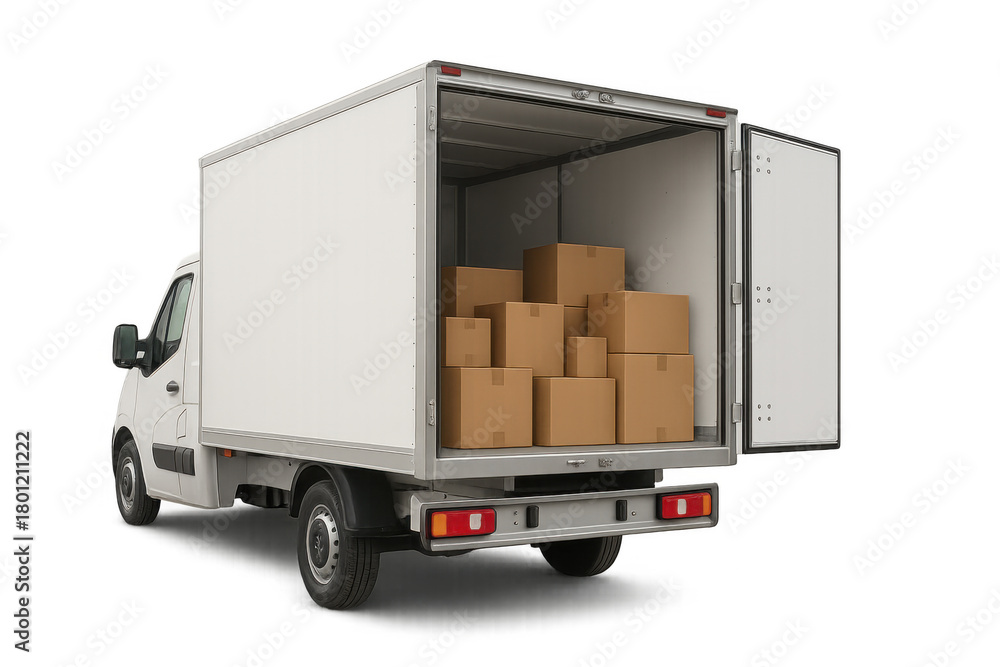 Obraz premium White delivery truck loaded with cardboard boxes, transporting goods, logistics and shipping services on a transparent background