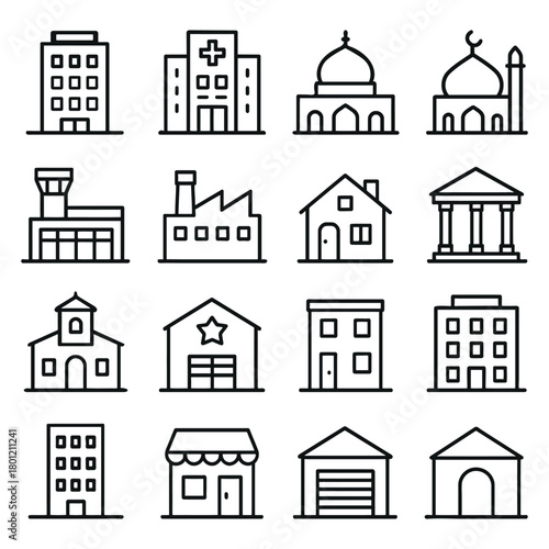 Outline building icon set with office, hospital, mosque, airport, school, bank, shop, and warehouse