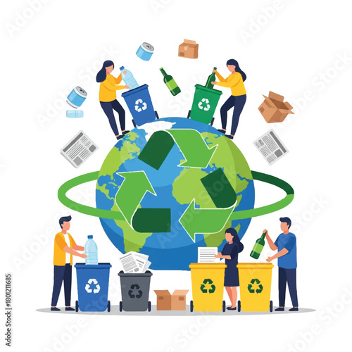 Global teamwork scene promoting recycling and environmental stewardship around a spinning planet.