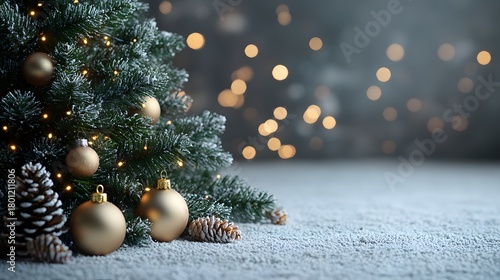 A beautifully decorated Christmas tree stands in a cozy setting, adorned with gold ornaments and twinkling lights, creating a festive and cheerful vibe for the holiday season.