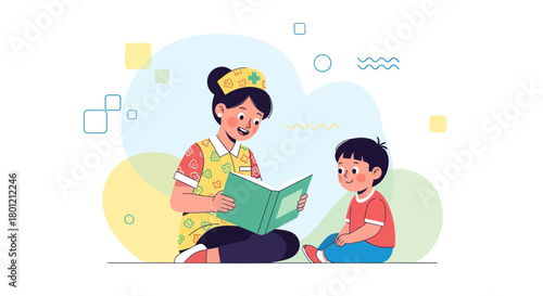 Pediatric Nurse Reading to a Child, Depicting Educational Assistance and Caregiving