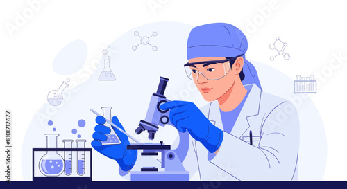 Scientist Conducting Scientific Research With Microscope And Chemistry Equipment Tools