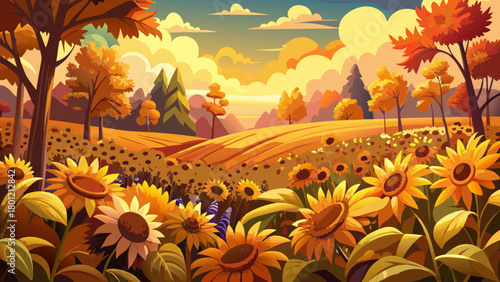 Very beautiful autumn sunflower field in Manalapan, New Jersey, filled with vibrant golden blooms, warm seasonal foliage, and soft natural light creating a peaceful countryside atmosphere.