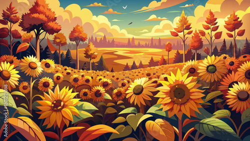 Very beautiful autumn sunflower field in Manalapan, New Jersey, filled with vibrant golden blooms, warm seasonal foliage, and soft natural light creating a peaceful countryside atmosphere.
