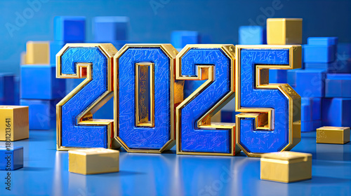 Blue 3D “2025” with gold outlines surrounded by floating cubes on gradient blue background