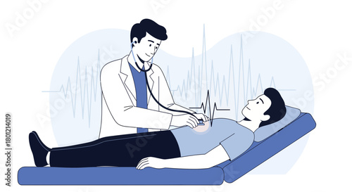 Medical Examination Illustration Featuring A Doctor Auscultating Patient's Chest With A Stethoscope