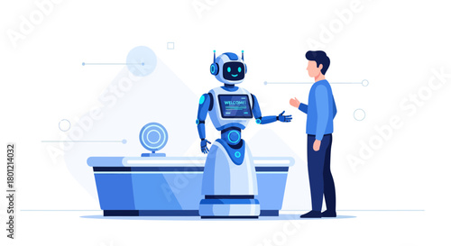 A Human Interacting With a Futuristic Robot in a Modern Digital Environment