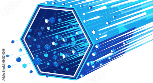An abstract blue hexagonal tunnel illustrates rapid data transmission and digital information flow with glowing particles and light streaks on a clean white background.