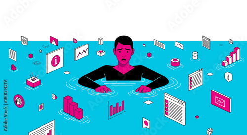 An individual feeling completely submerged and stressed by the relentless flood of digital data, social media, and technological demands in contemporary life.