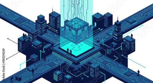 Isometric art depicts a smart city, digital data flows through technological networks, linking urban structures and human elements.