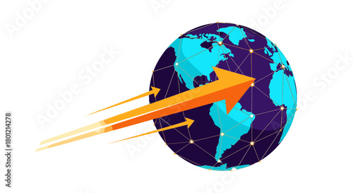 A vibrant orange arrow streaks across a stylized globe, illustrating rapid global communication, interconnectedness, and data transfer in the modern digital age.