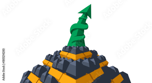 A vibrant green arrow, symbolizing dynamic growth and upward progress, dramatically twists from a detailed, multi-tiered dark and golden geometric base on white.