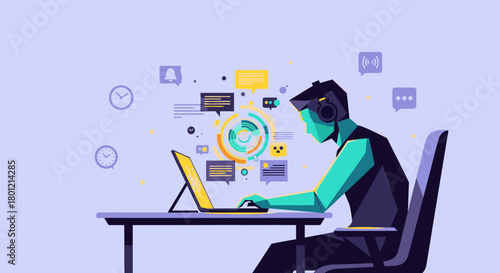 A contemporary illustration depicting a person diligently working on a laptop with headphones, immersed in a dynamic digital environment of data and communication.