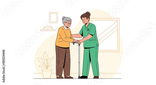 Caring Nurse Assists Elderly Woman With Walking Using A Cane In Professional Setting