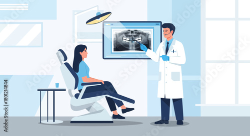 Dental Examination Illustration: Dentist Explaining X-Ray Results to Patient in Clinic Setting