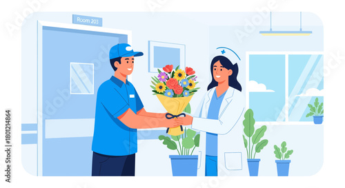 Delivery Worker Presenting Flowers to Nurse Near Hospital Room Entrance in Illustration
