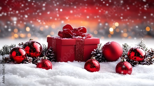 A red gift box sits in soft snow, surrounded by shiny red ornaments and pine cones. 