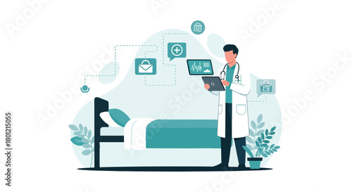 Medical Illustration Featuring Doctor Examining Patient's Data in Hospital Setting