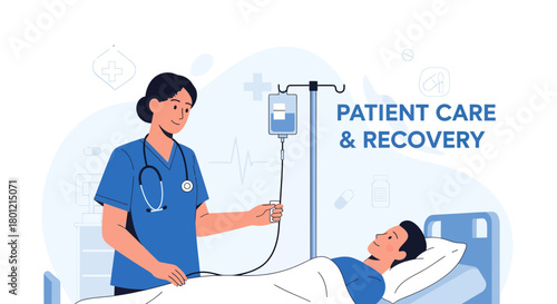 Medical Illustration: Sympathetic Nurse Administering Intravenous Fluid to A Patient For Recovery