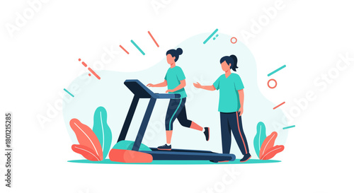 Healthy Habits: Two Women Engaging in Fitness Activities on a Gym Treadmill