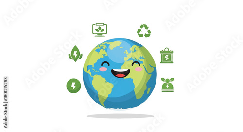 Playful cartoon Earth globe surrounded by recycling icons and leaves, symbolizing environmental stewardship and sustainability.