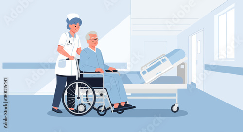 Hospital Care Illustration Depicting Nurse Assisting Elderly Patient in Wheelchair Setting