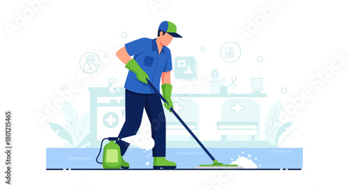 Hospital Cleaning Service: Sanitization Worker, Cleaning Medical Facility Illustration Concept