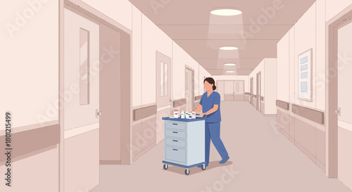 Hospital Corridor Illustration Depicting Nurse and Medication Cart in Clinical Setting